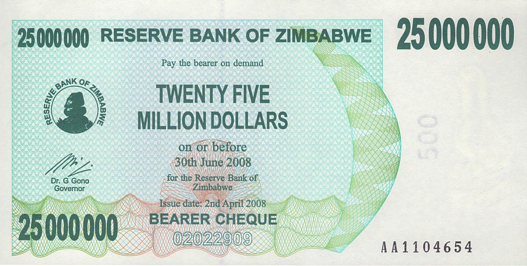 Zimbabwe 25000000 2008 UNC P-56